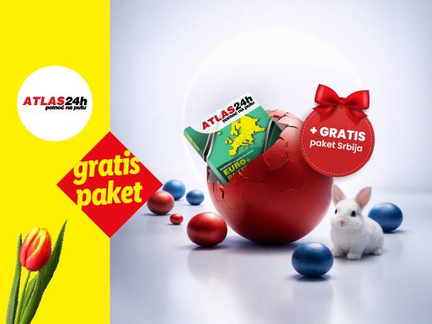 Reklama za pomoć na putu sa natpisom 'gratis paket' i '+ gratis paket Srbija', sa uskršnjim motivima.