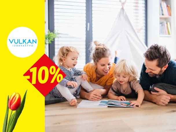 Porodica čita knjigu, sa popustom od 10% i logotipom izdavačke kuće.