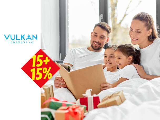 Porodica čita knjigu u krevetu, sa poklonima i popustom od 15%.