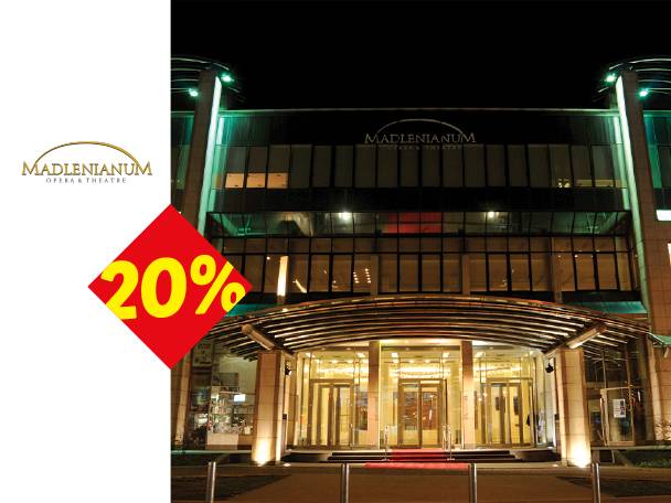 Zgrada opere i pozorišta sa natpisom „Madlenianum Opera & Theatre“ i crvenim dijamantom sa 20% popusta.