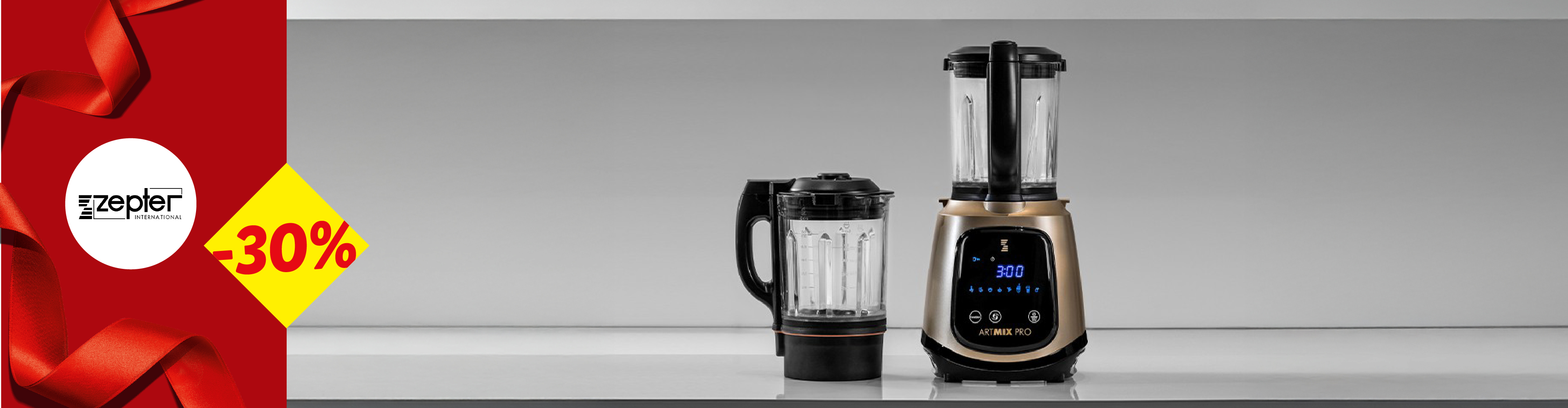 Zepter blenderi sa 30% popusta, na crvenoj pozadini sa mašnom.