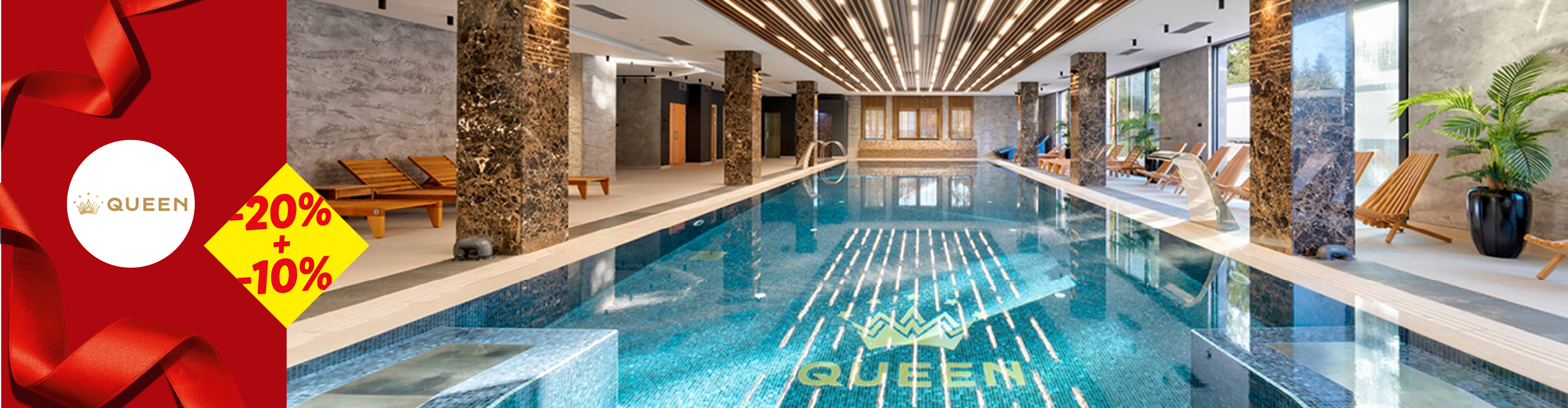 Zatvoreni bazen sa ležaljkama i logom Queen, sa popustom od 20% + 10%.