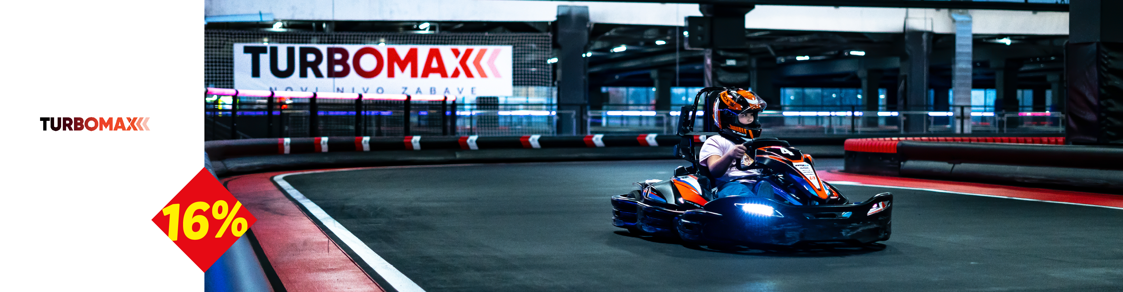 Dete u kartingu na stazi, sa logom Turbomax i popustom od 16%.