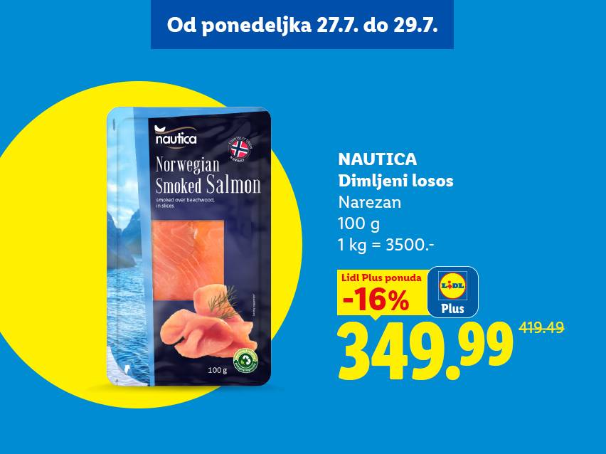 Pakovanje dimljenog norveškog lososa, 100g, sa cenom od 349.99 dinara, sniženo za 16%.