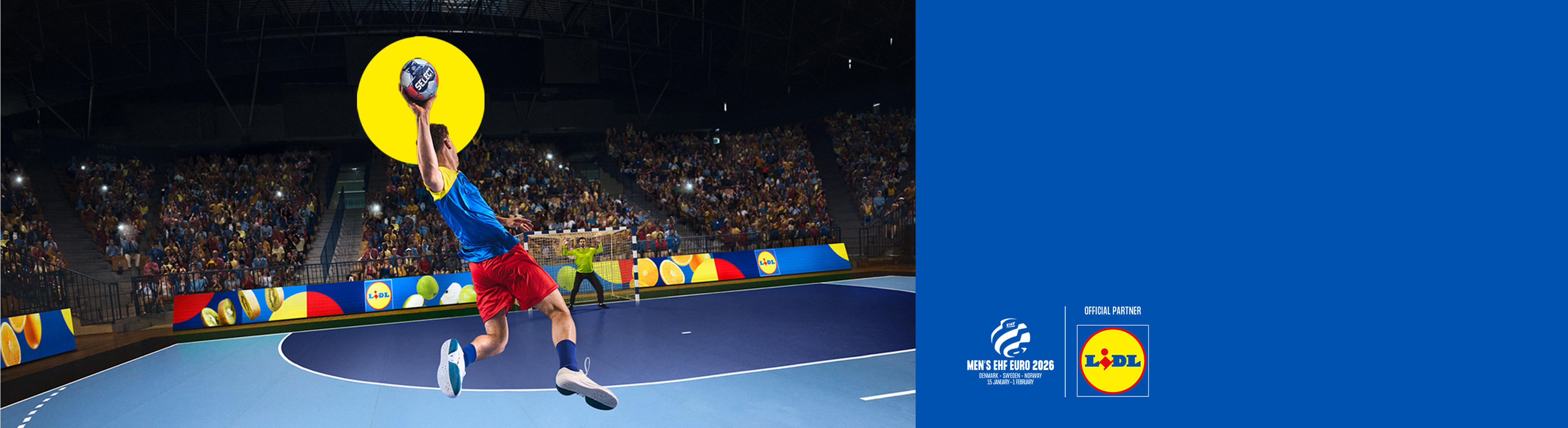 Rukometaš skače sa loptom, Lidl i EHF EURO 2026 logotipi.