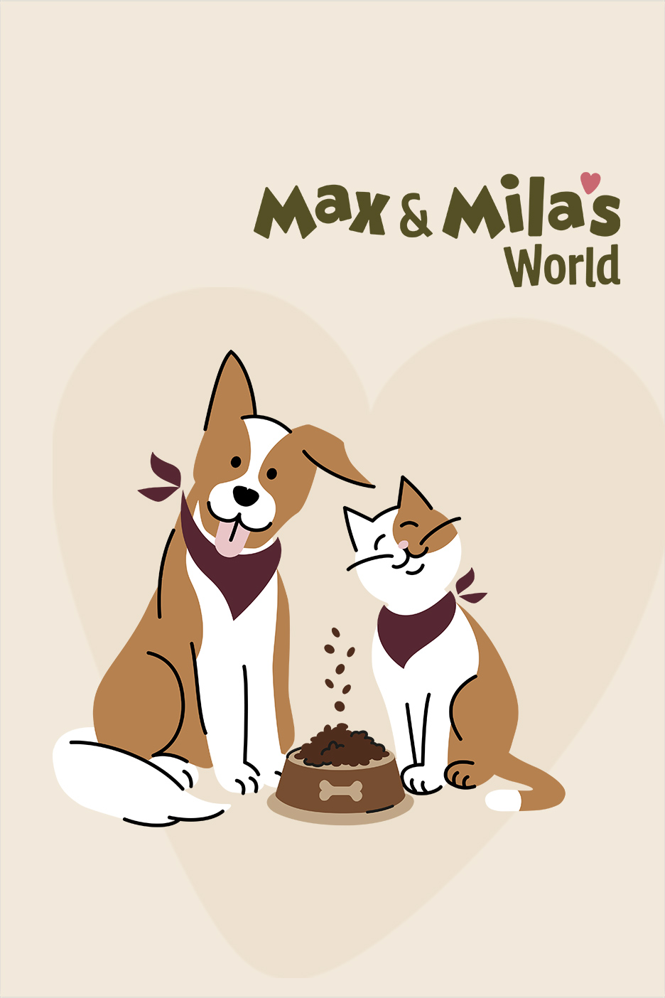 Ilustracija psa i mačke pored činije sa hranom, sa natpisom Max & Mila's World.