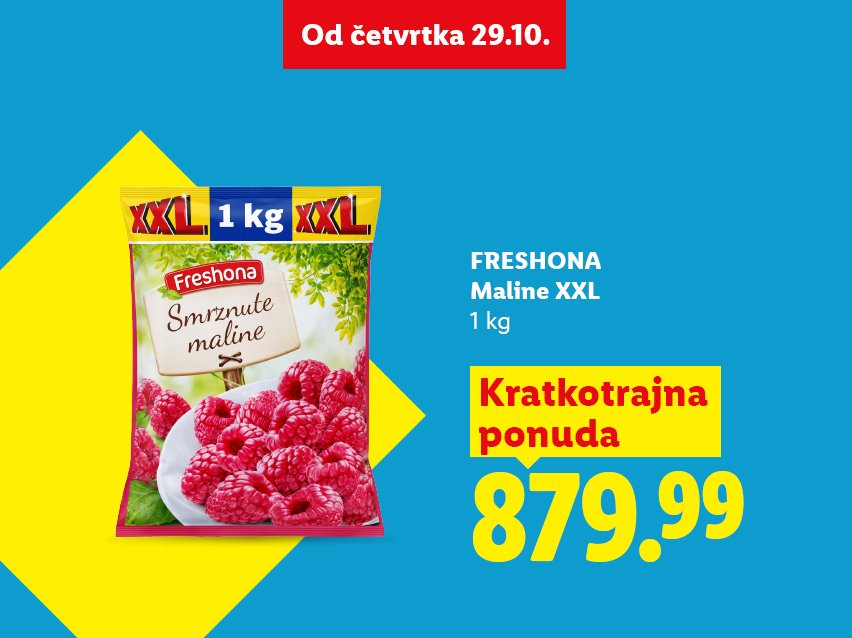 FRESHONA Smrznute maline XXL 1 kg po ceni od 879,99 dinara, u ponudi od četvrtka 29.10.