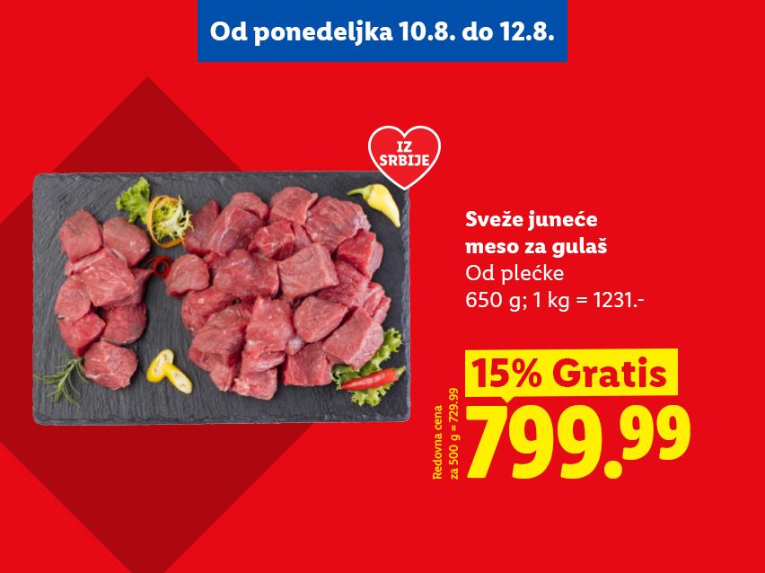 Sveže juneće meso za gulaš iz Srbije, 650g za 799.99 dinara, sa 15% gratis.