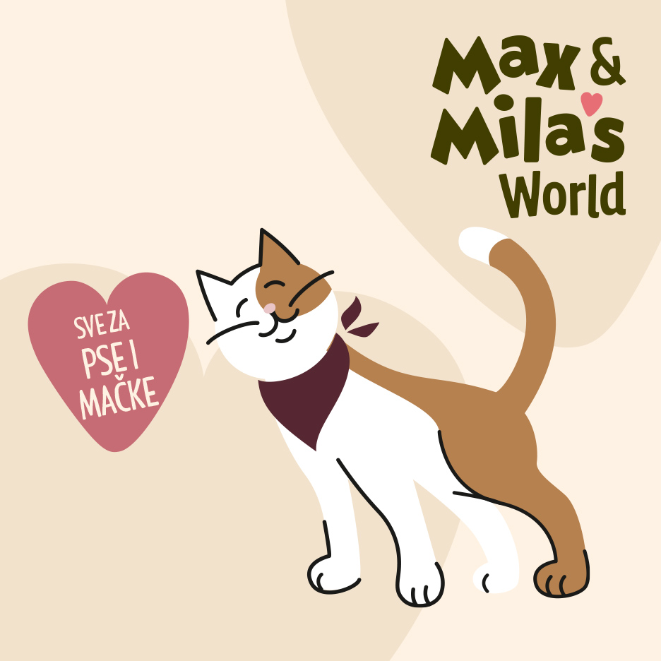 Ilustracija mačke sa natpisima 'Max & Mila's World' i 'Sve za pse i mačke' u obliku srca