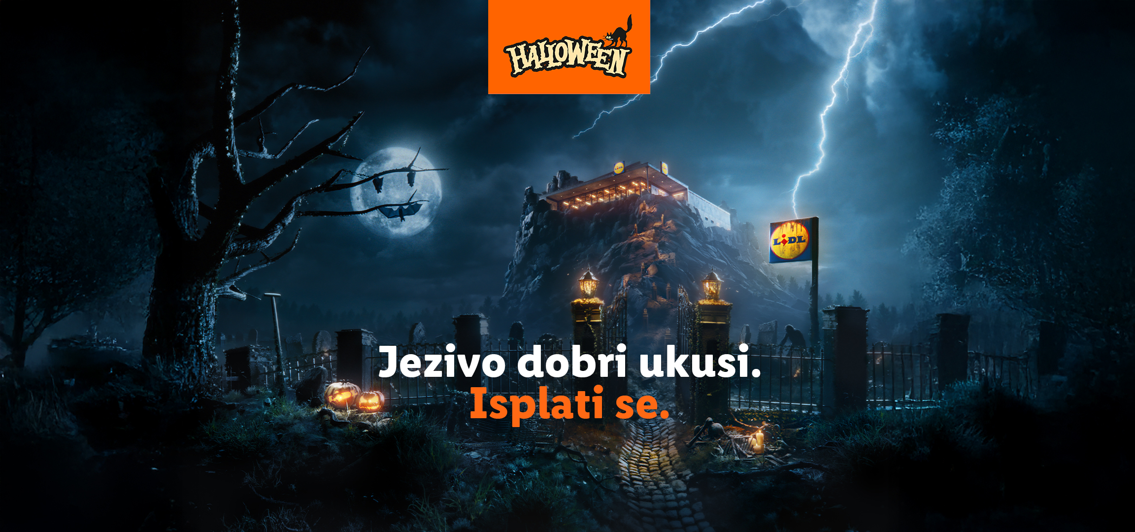Lidl prodavnica na steni sa natpisom 'Jezivo dobri ukusi. Isplati se.' i logom za Noć veštica.