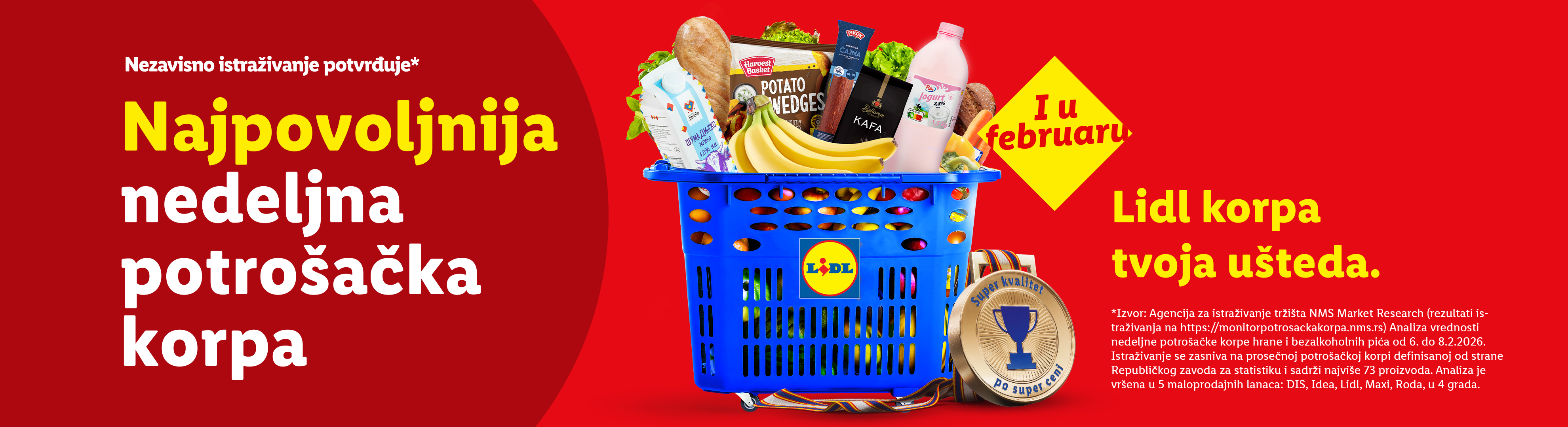 Plava korpa puna namirnica, uključujući mleko, jogurt, kafu, banane i krompir, sa tekstom o najpovoljnijoj potrošačkoj korpi u februaru.