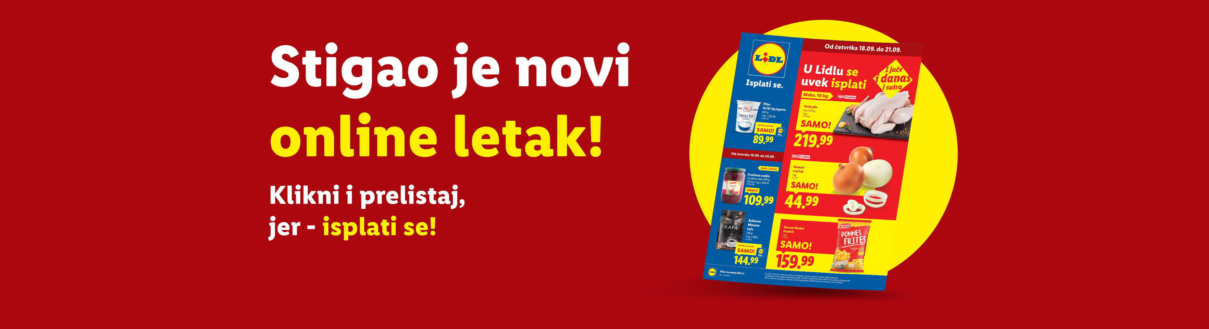 Lidl letak sa ponudama za piletinu, jogurt, cveklu, luk, kafu i pomfrit.