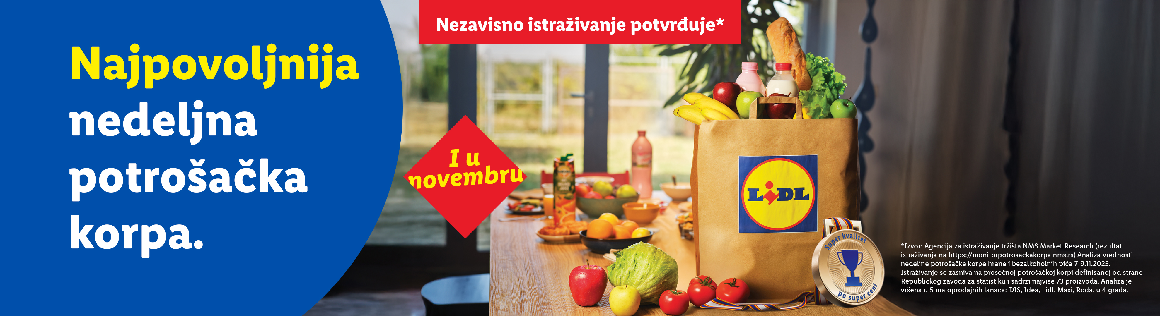Lidl papirna kesa puna namirnica, voća i povrća, sa tekstom „Najpovoljnija nedeljna potrošačka korpa“.