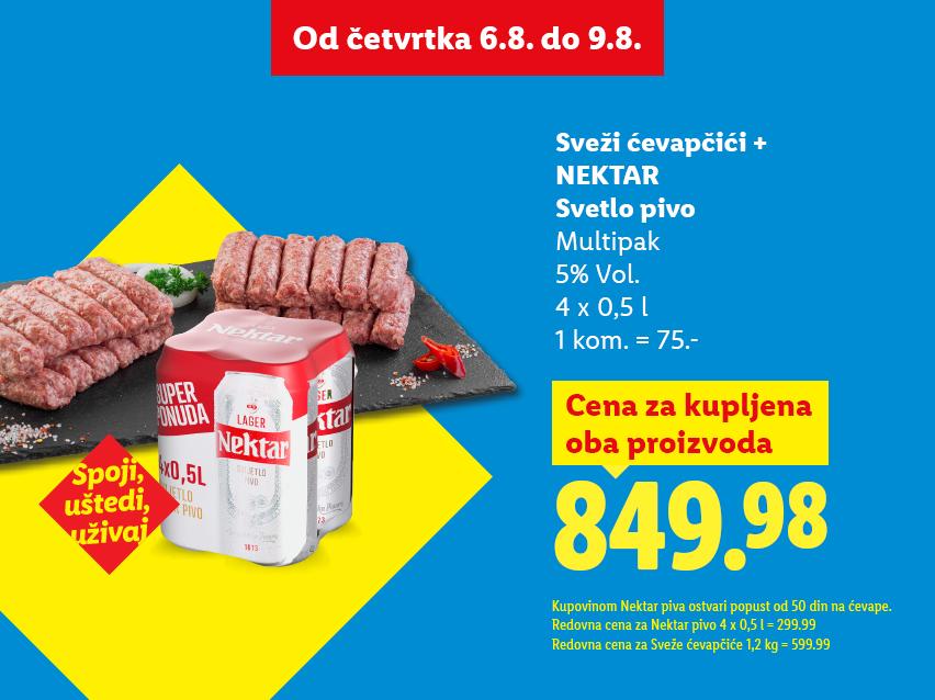 Sveži ćevapčići i svetlo pivo u multipaku, sa cenom za kupovinu oba proizvoda.