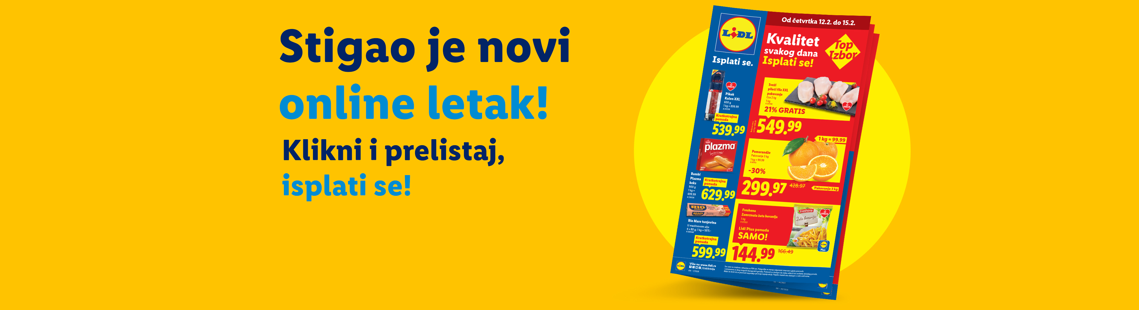 Lidl letak sa ponudama za piletinu, kekse, pomorandže i tunjevinu, uz natpis „Stigao je novi online letak! Klikni i prelistaj, isplati se!“