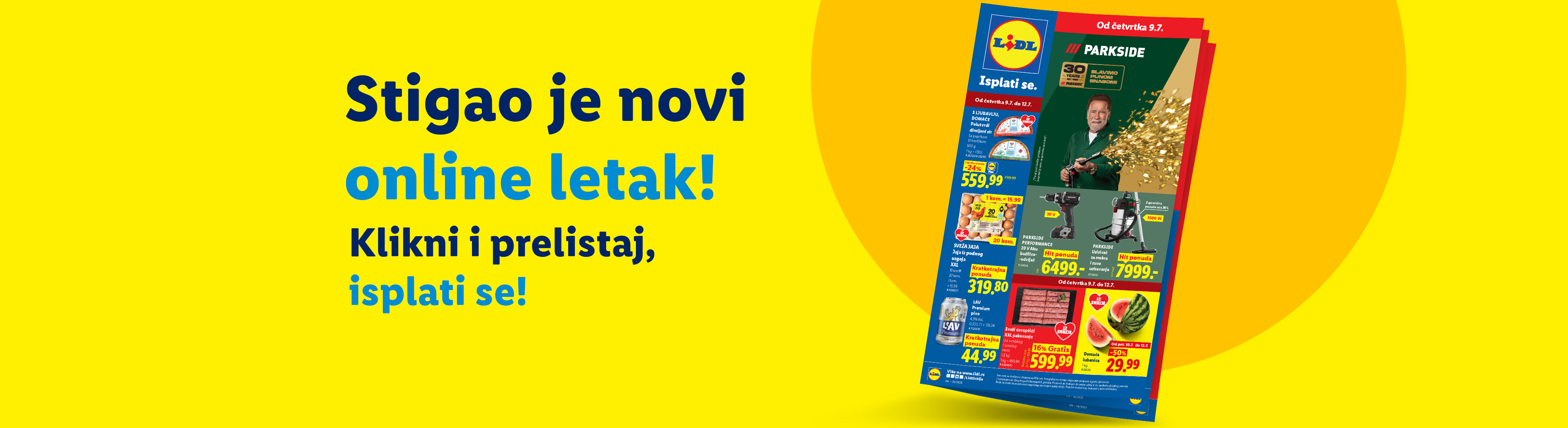 Lidl letak sa alatima, jajima, sirom, pivom, ćevapima i lubenicom, sa natpisom „Stigao je novi online letak! Klikni i prelistaj, isplati se!“