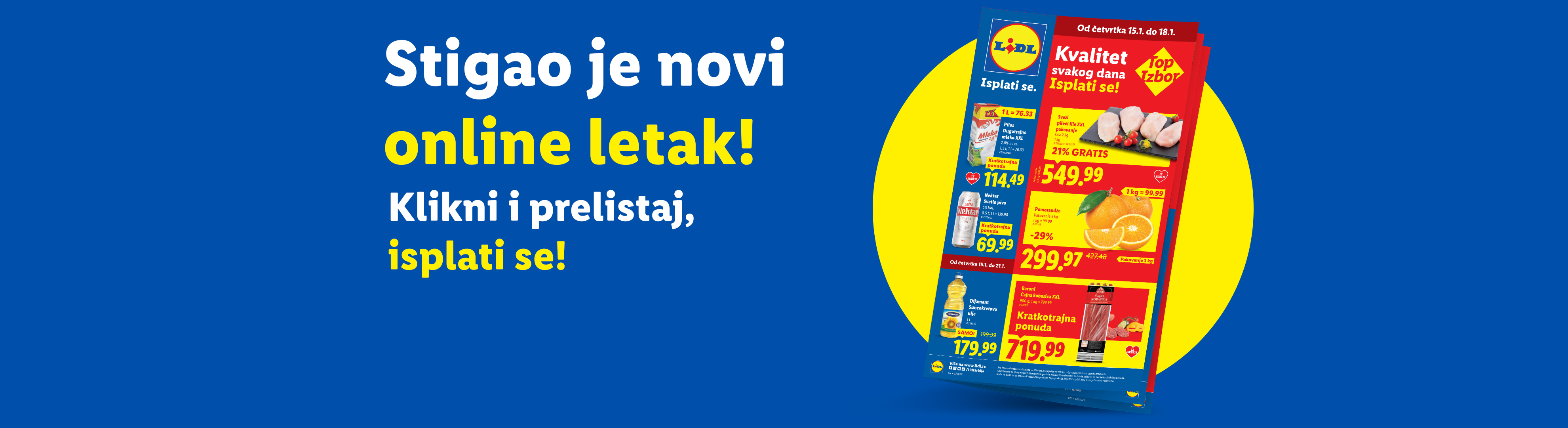 Lidl letak sa ponudama za mleko, pivo, pileći file, pomorandže, ulje i kobasicu.