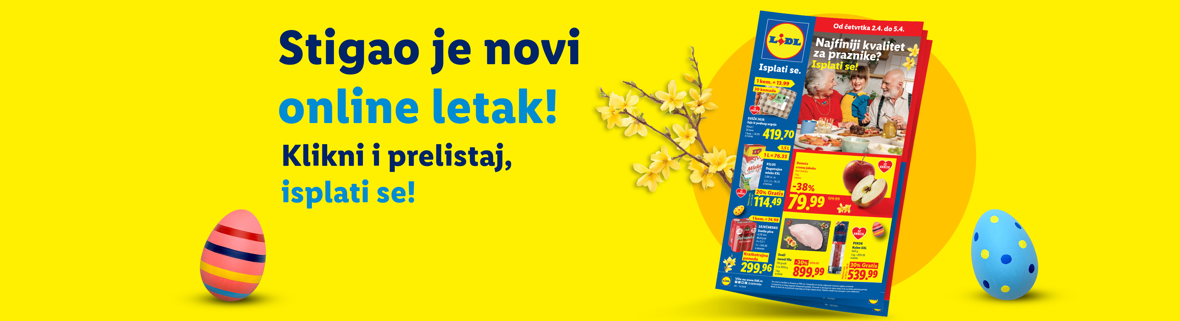 Lidl letak sa ponudom za Uskrs, uključujući jaja, jabuke, pivo i meso, sa tekstom „Stigao je novi online letak! Klikni i prelistaj, isplati se!“