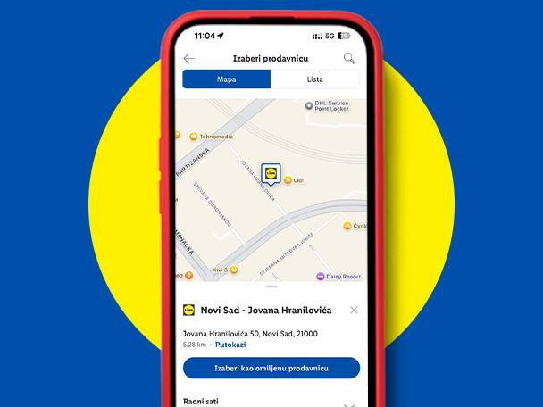 Aplikacija za pronalaženje prodavnica prikazuje mapu sa lokacijom prodavnice u Novom Sadu.