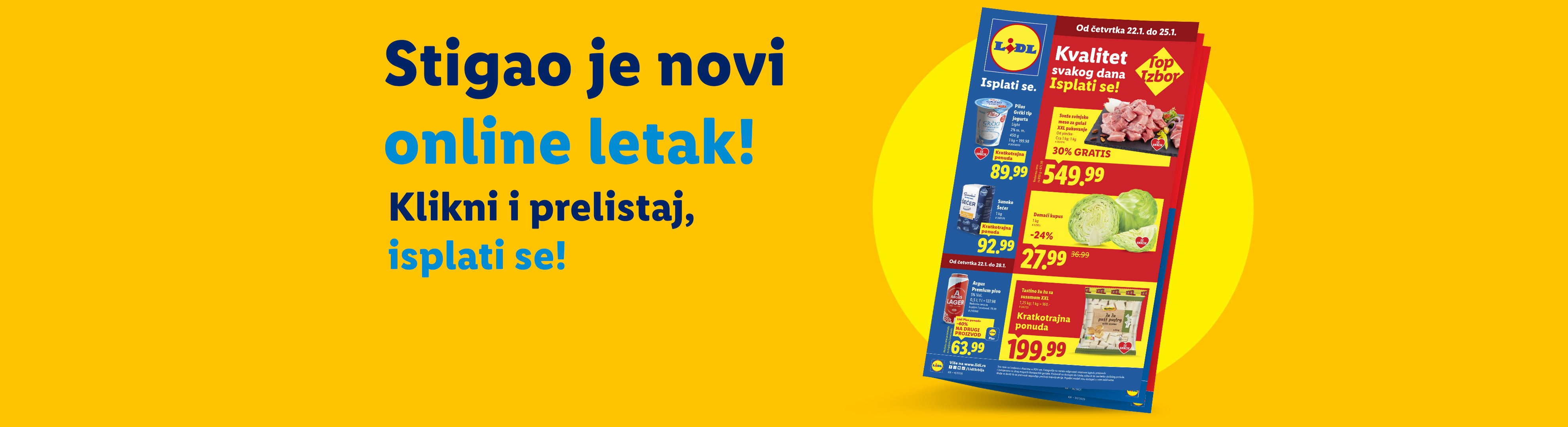 Lidl letak sa ponudama za meso, kupus, jogurt, šećer, pivo i lisnato testo, sa natpisom 'Stigao je novi online letak! Klikni i prelistaj, isplati se!'