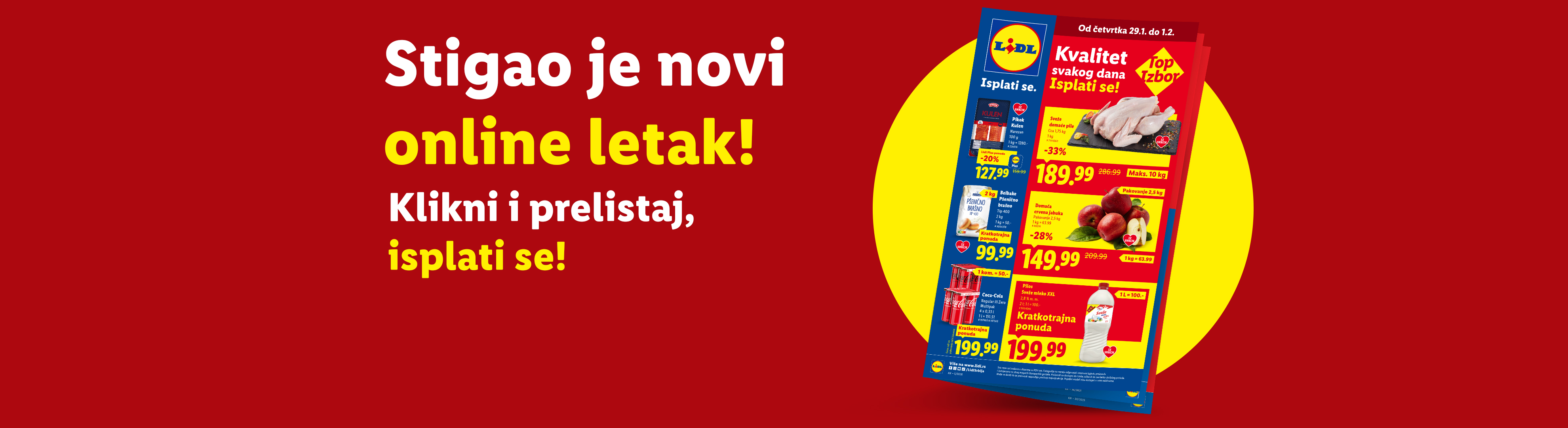 Lidl letak sa ponudama za piletinu, brašno, jabuke, Coca-Colu i mleko, uz poruku o novom online letku.