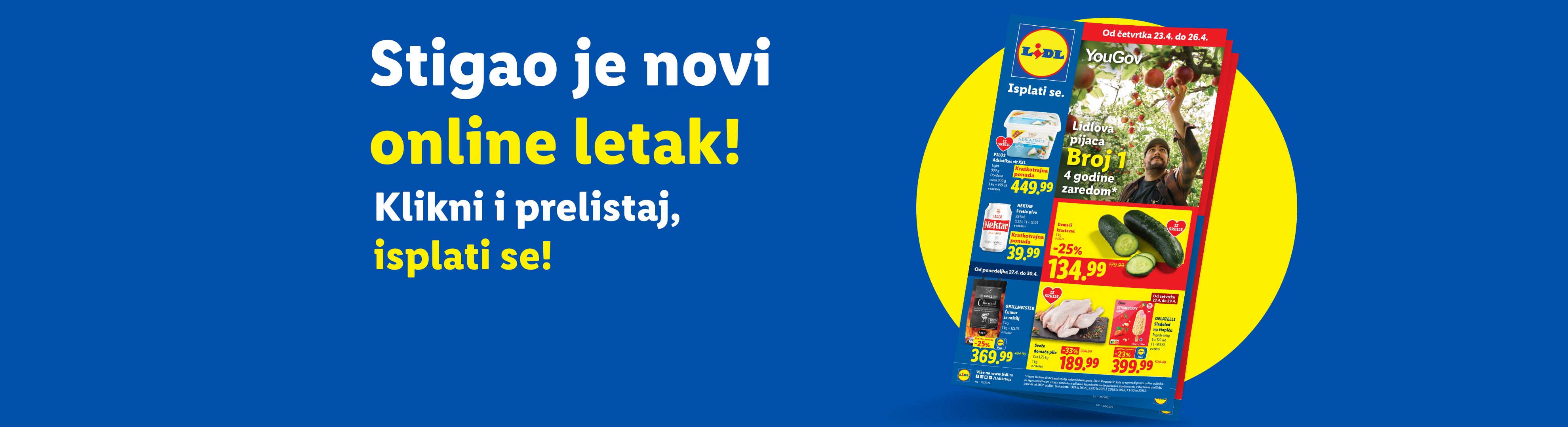 Lidl letak sa ponudama za sir, pivo, krastavce, ćumur, piletinu i sladoled, sa natpisom „Stigao je novi online letak! Klikni i prelistaj, isplati se!“