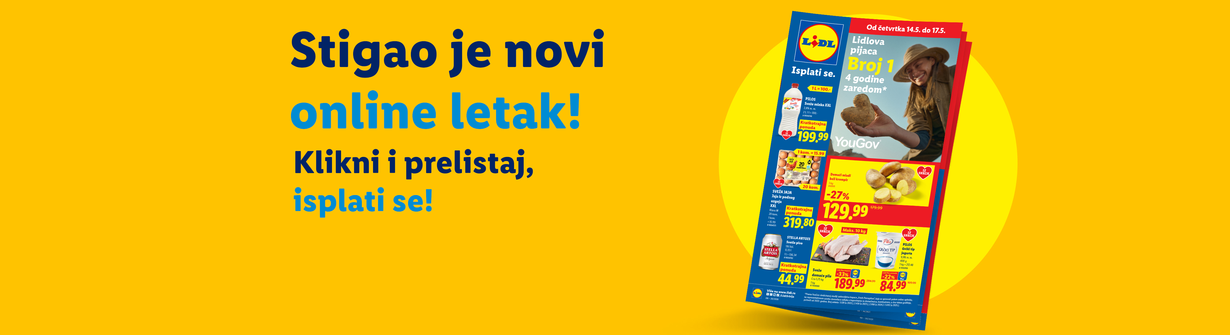 Lidl letak sa ponudama za mleko, jaja, krompir, pivo, piletinu i grčki jogurt.