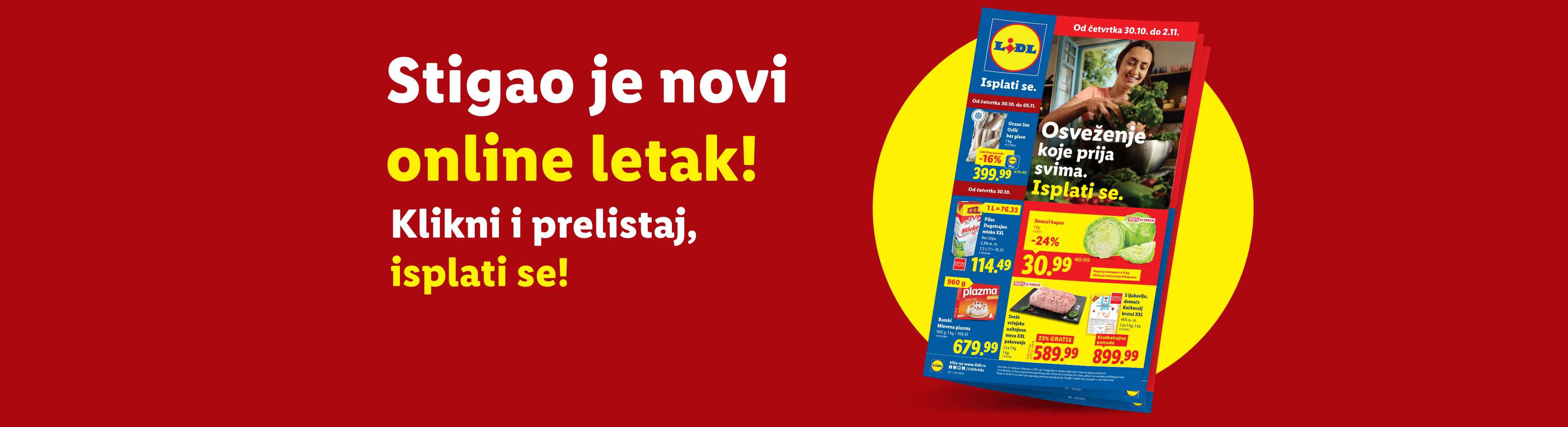 Lidl letak sa ponudama za mleko, plazmu, meso, sir i sveže povrće.
