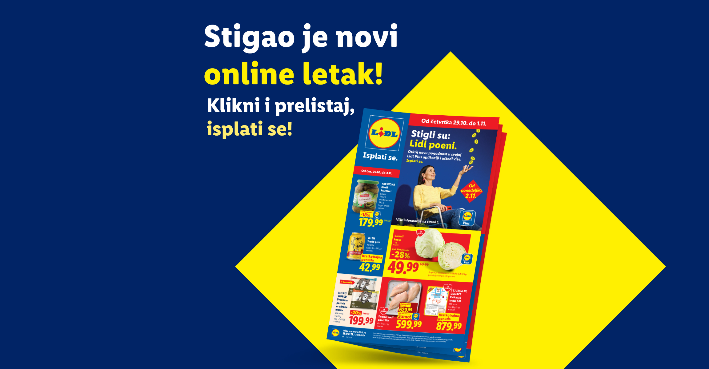 Promotivni baner sa tekstom 'Stigao je novi online letak! Klikni i prelistaj, isplati se!' na plavoj pozadini sa žutim detaljem i prikazom naslovne strane Lidl letka sa akcijskim proizvodima.