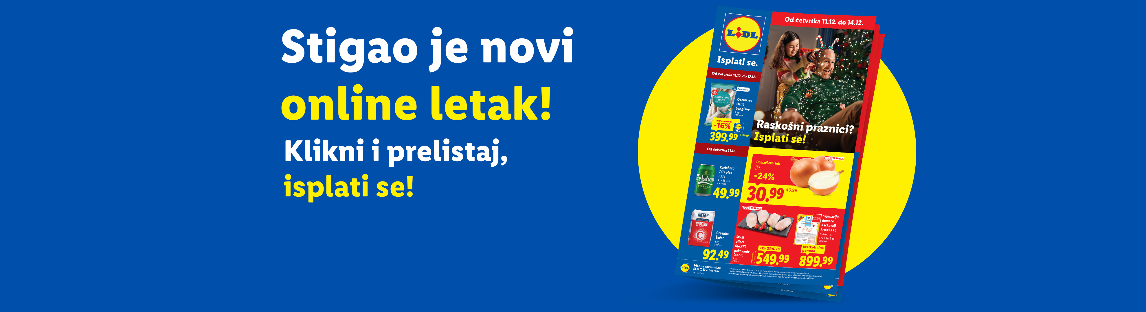 Lidl letak sa ponudama za praznike, uključujući pivo, luk, šećer i pileći file.