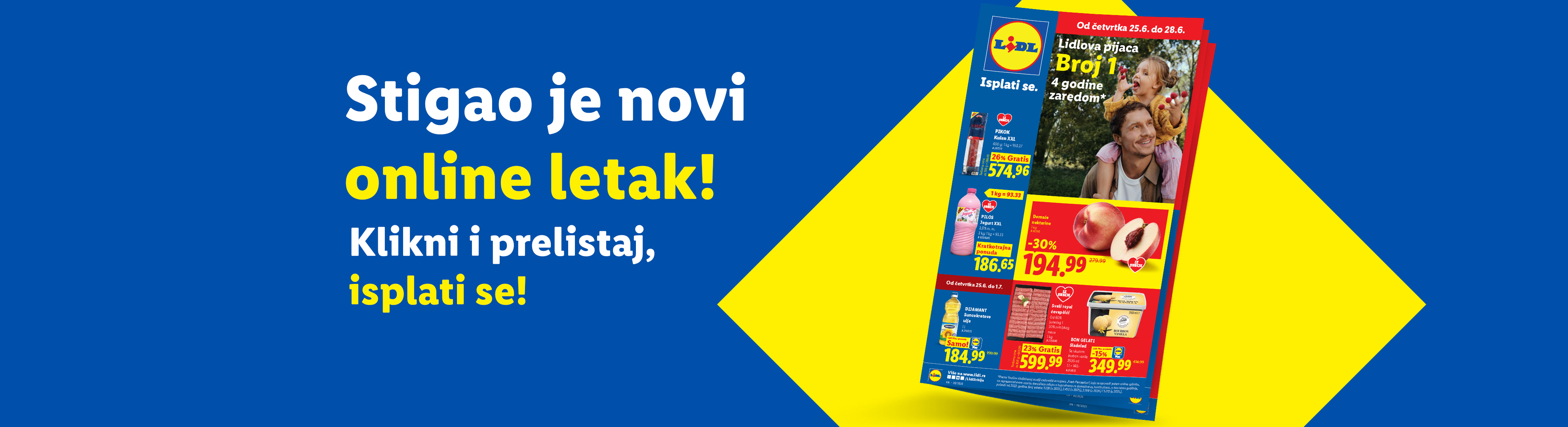 Lidl letak sa ponudama za suhomesnate proizvode, jogurt, voće, ulje, ćevape i sladoled.