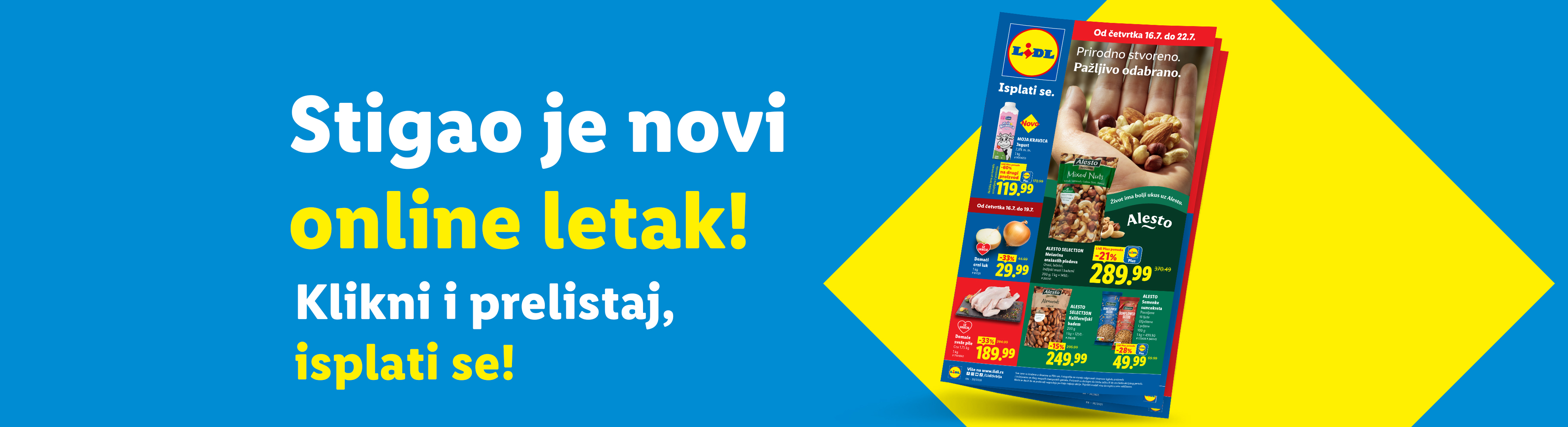 Lidl letak sa mešavinom orašastih plodova, jogurtom, lukom i piletinom, sa natpisom 'Stigao je novi online letak! Klikni i prelistaj, isplati se!'