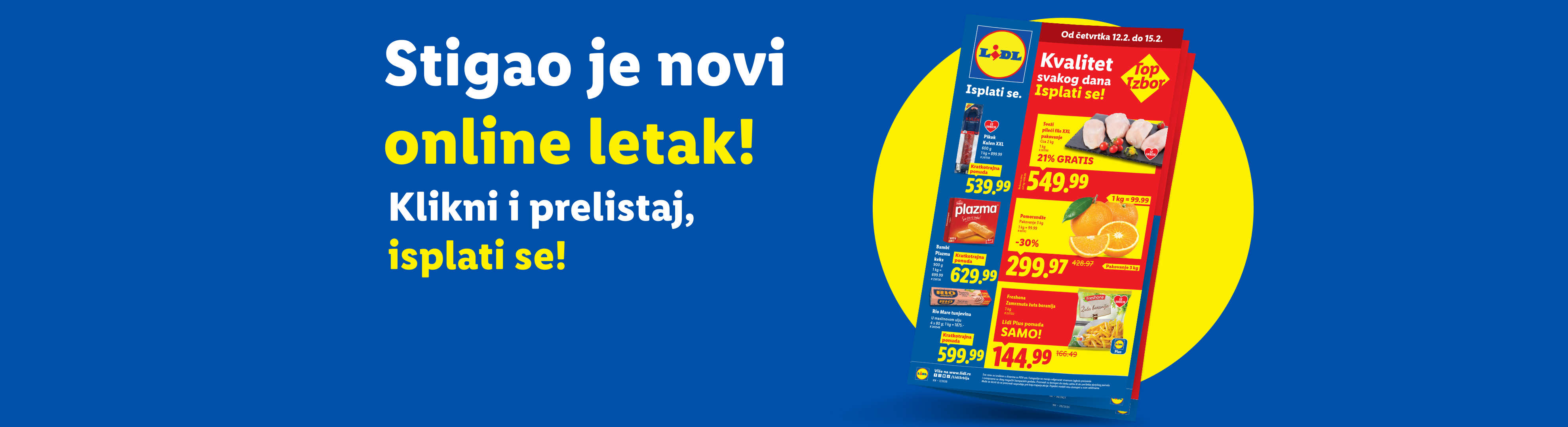 Lidl letak sa ponudama za meso, kekse, pomorandže i smrznuto povrće, sa natpisom 'Stigao je novi online letak! Klikni i prelistaj, isplati se!'