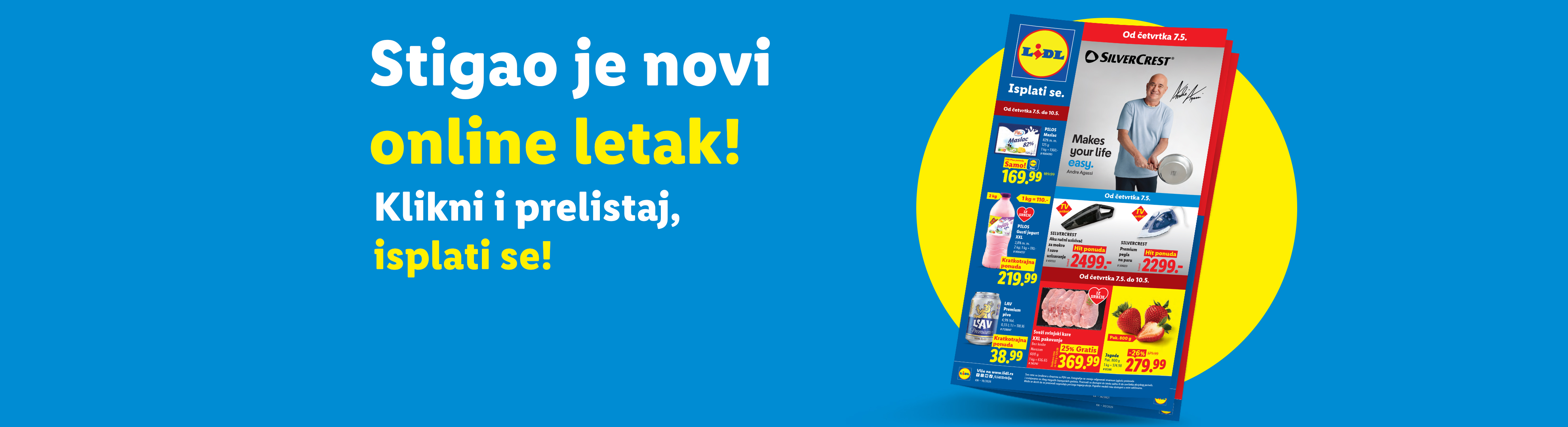 Lidl letak sa ponudama za mlečne proizvode, jogurt, pivo, usisivač, peglu, meso i jagode.