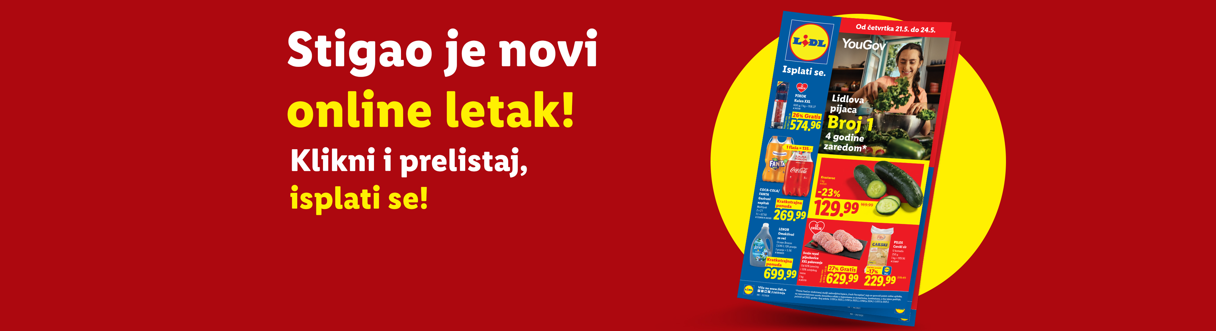 Lidl online letak sa ponudama za piće, sveže povrće, meso i sredstva za čišćenje.