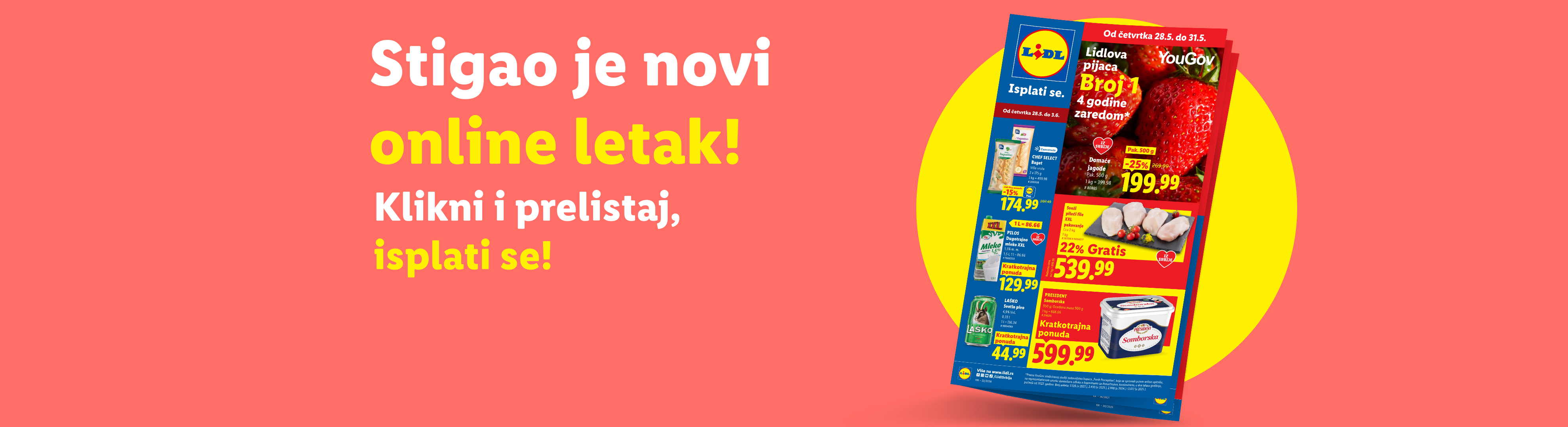 Lidl letak sa jagodama, pilećim fileom, mlekom i pivom, uz poruku o novom online letku.