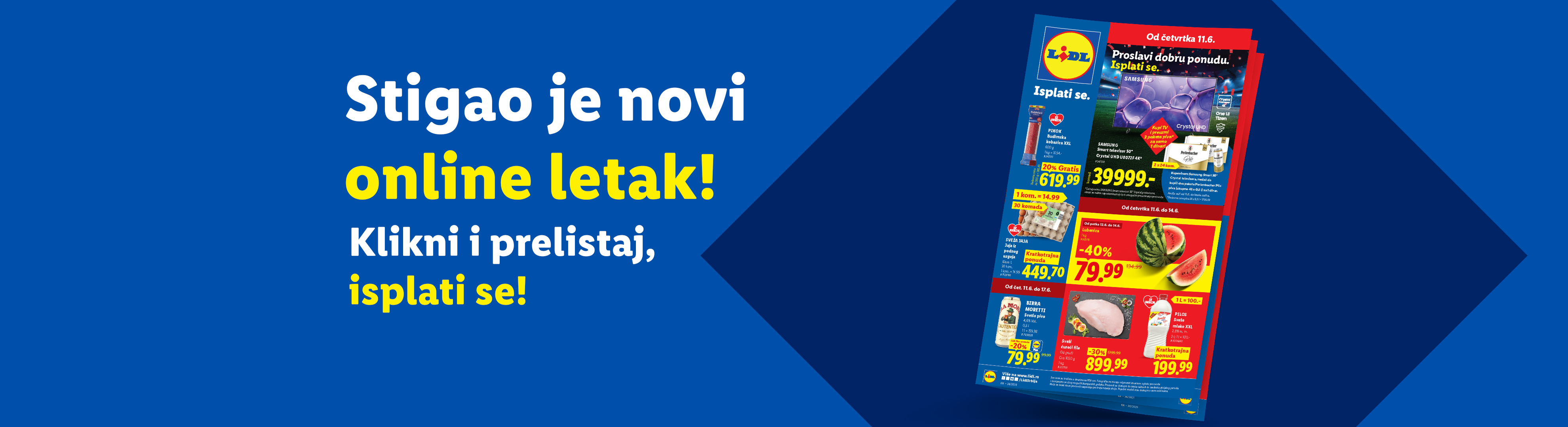 Novi online letak sa ponudama za televizor, lubenicu, pivo i sveže meso.