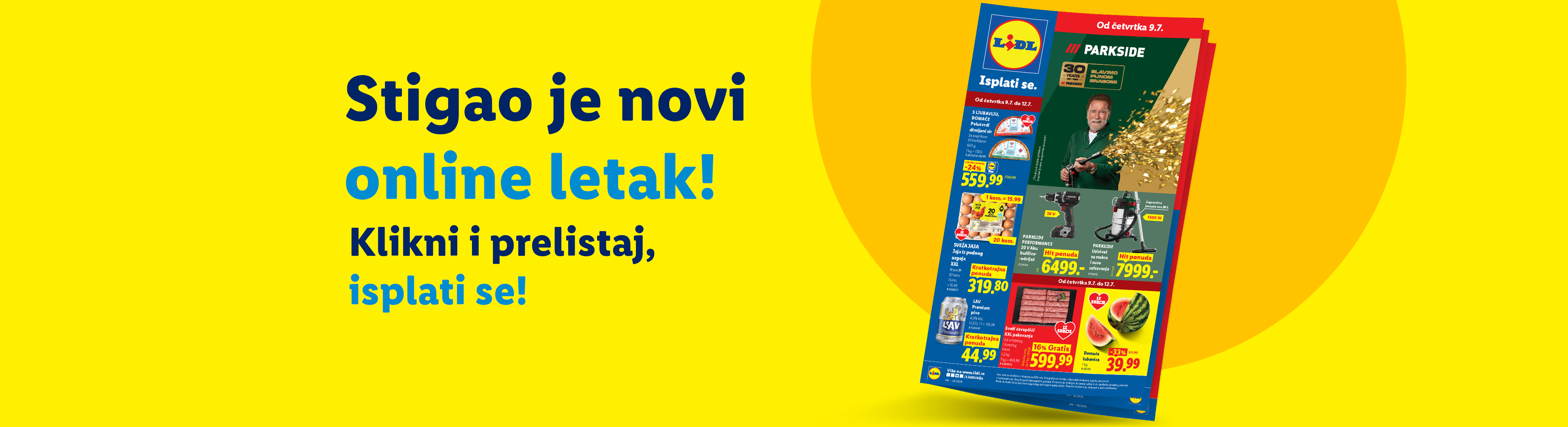 Lidl letak sa ponudama alata, hrane i pića, sa tekstom „Stigao je novi online letak! Klikni i prelistaj, isplati se!“