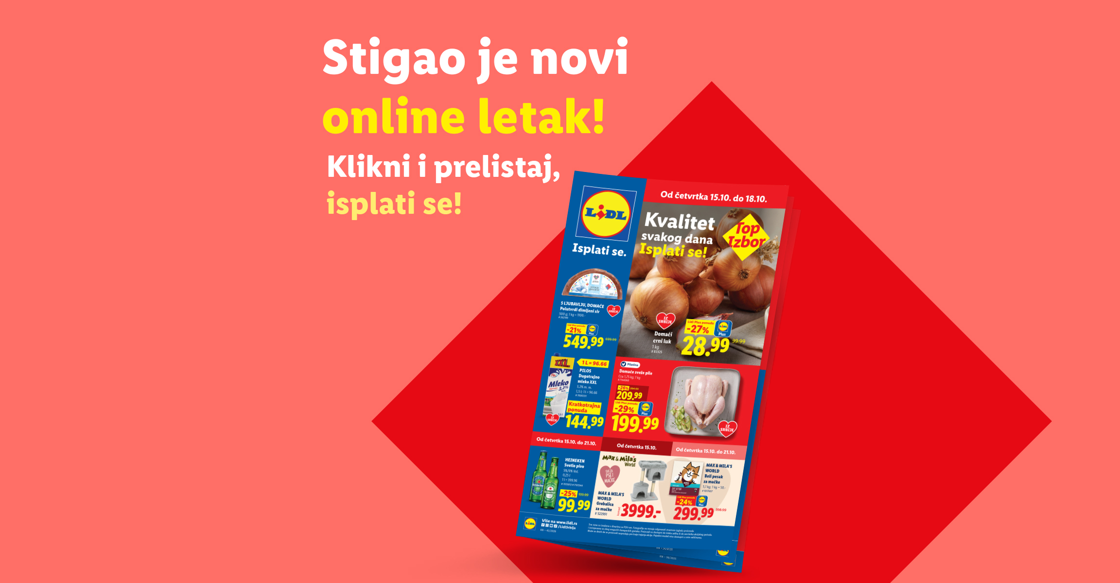 Najava novog onlajn letka sa akcijskim cenama prehrambenih proizvoda i opreme za kućne ljubimce.