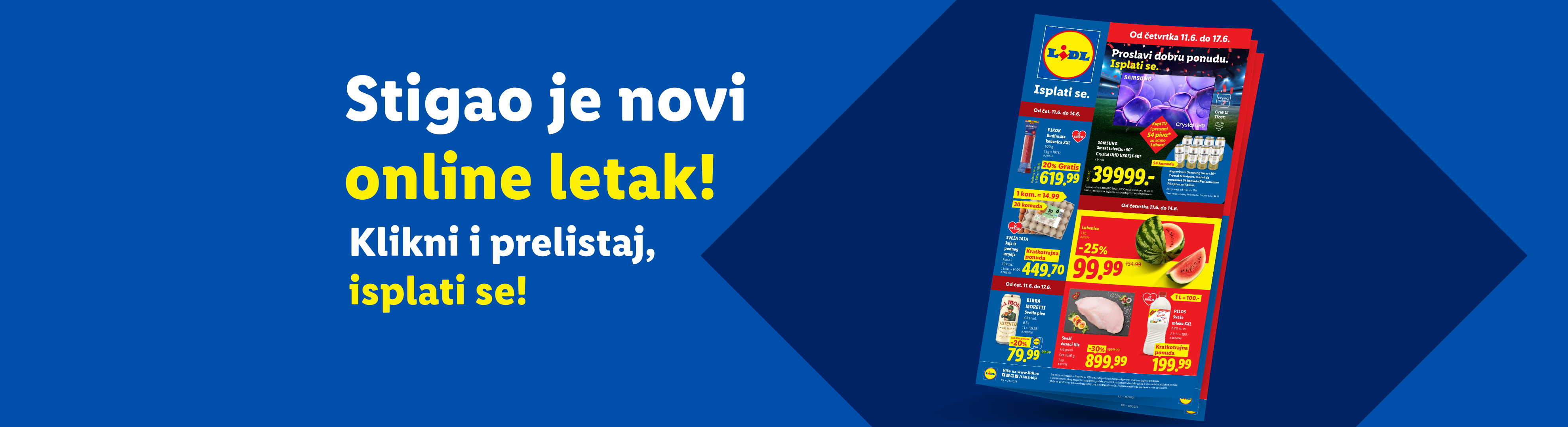 Lidl letak sa ponudama za TV, pivo, lubenicu, jaja, meso i mleko.