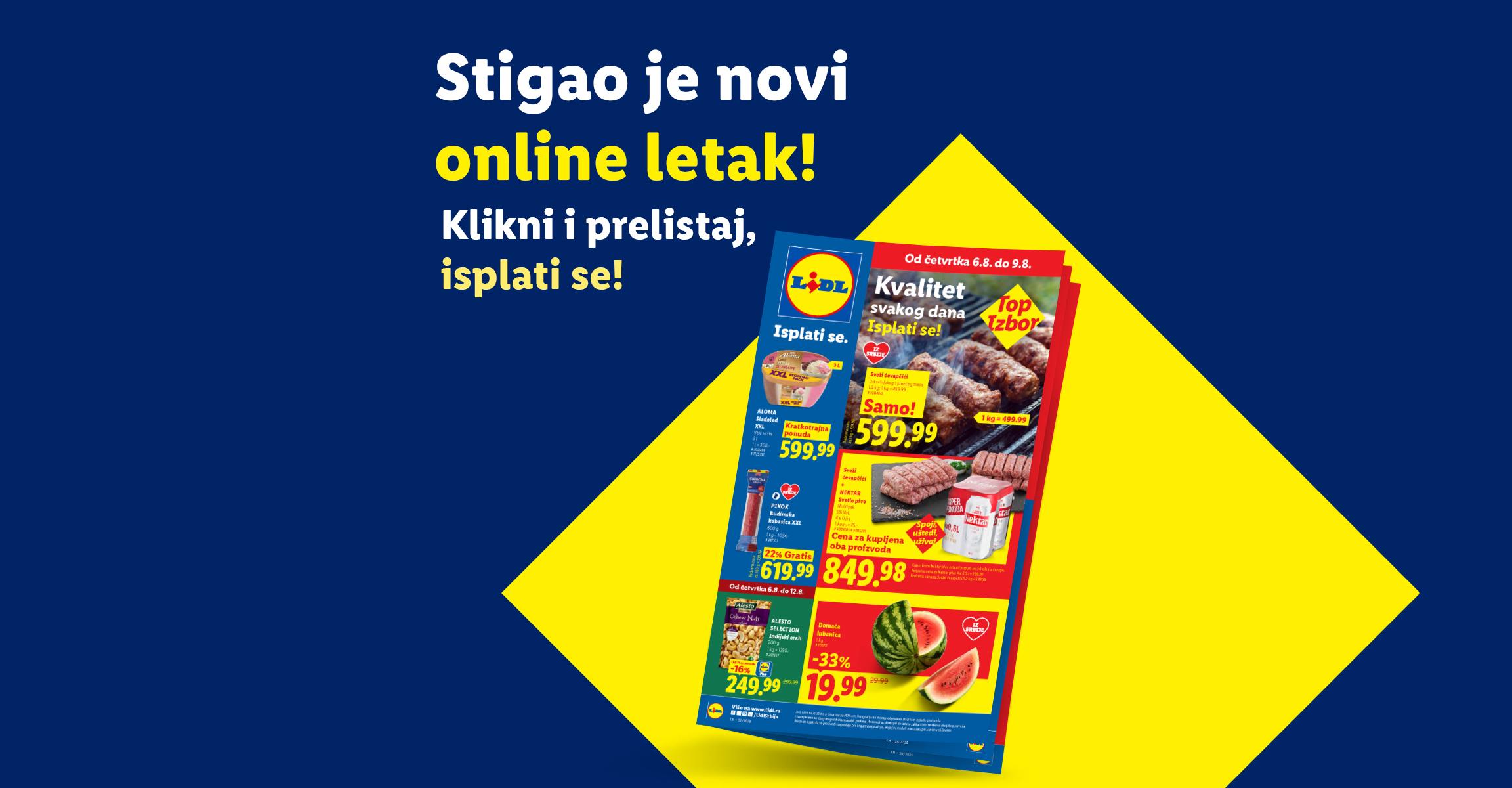Lidl letak sa ponudama za meso, pivo, sladoled, orašaste plodove i lubenicu.