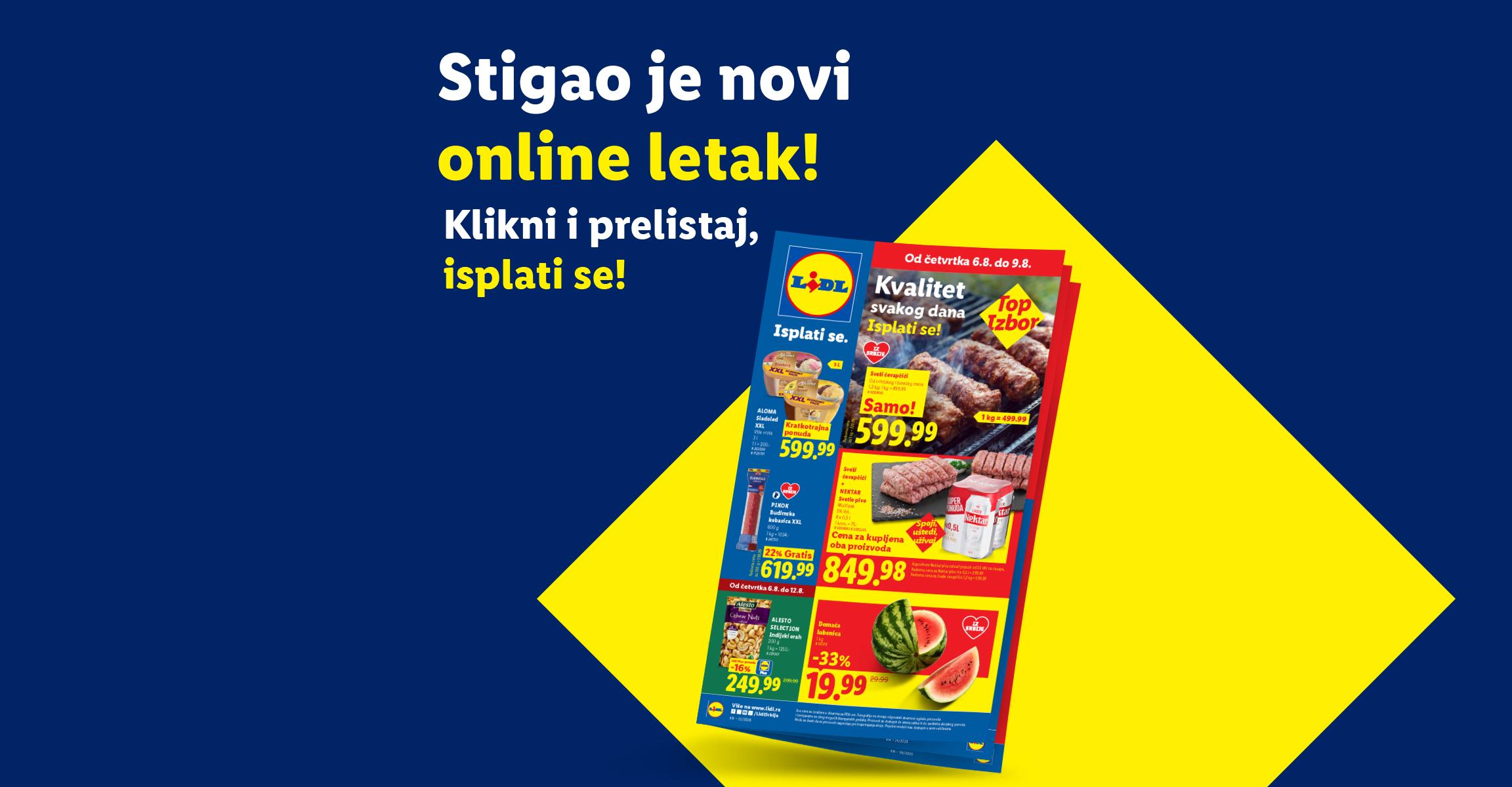 Lidl letak sa ponudama mesa, piva, orašastih plodova i lubenice, uz poziv na pregled online letka.