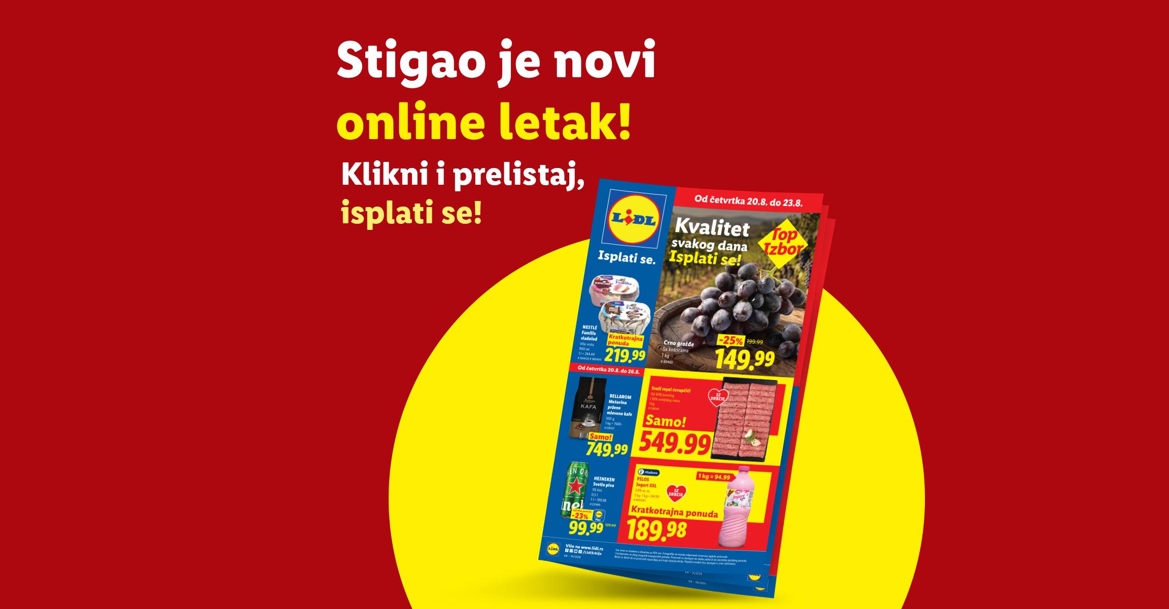 Lidl letak sa grožđem, sladoledom, kafom, ćevapčićima, pivom i jogurtom, sa natpisom 'Stigao je novi online letak! Klikni i prelistaj, isplati se!'
