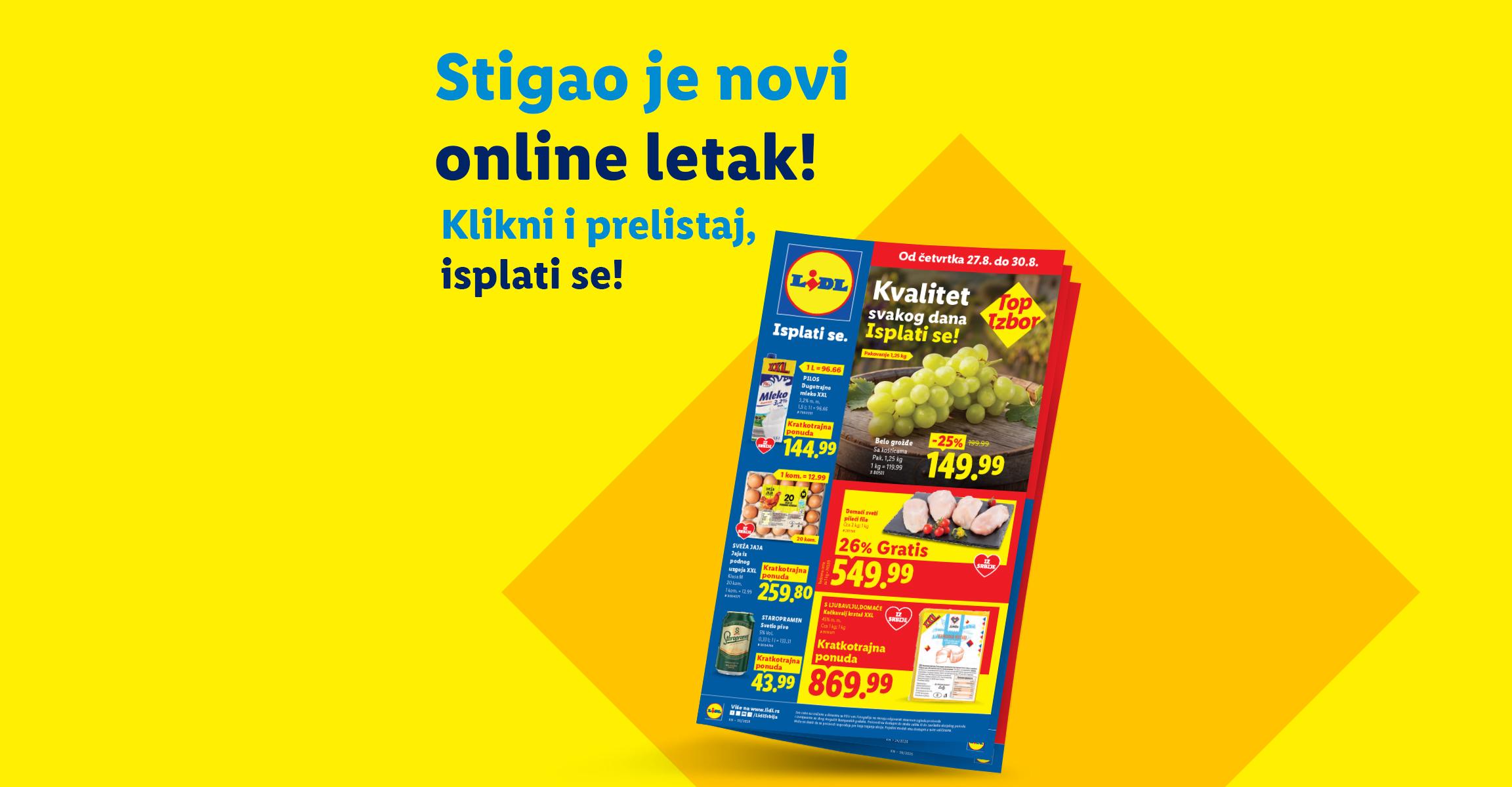 Lidl letak sa ponudama za grožđe, piletinu, jaja, mleko, pivo i kačkavalj.