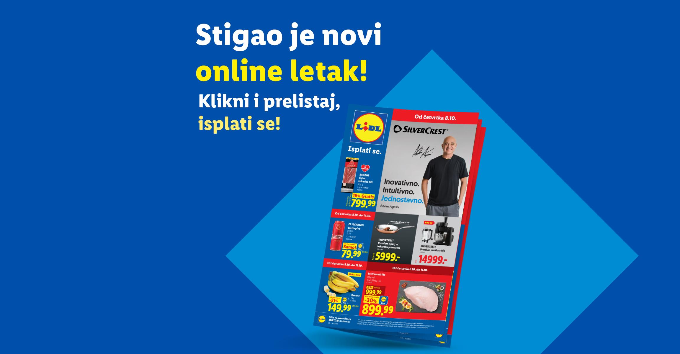 Najava novog onlajn letka sa ponudom prehrambenih proizvoda i kućnih aparata.