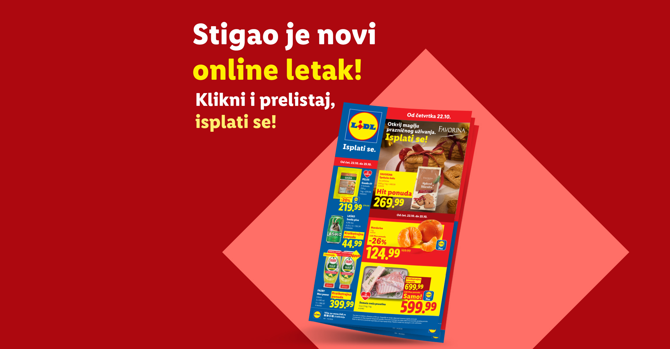 Crveni reklamni baner za novi onlajn letak sa akcijskim cenama prehrambenih proizvoda.