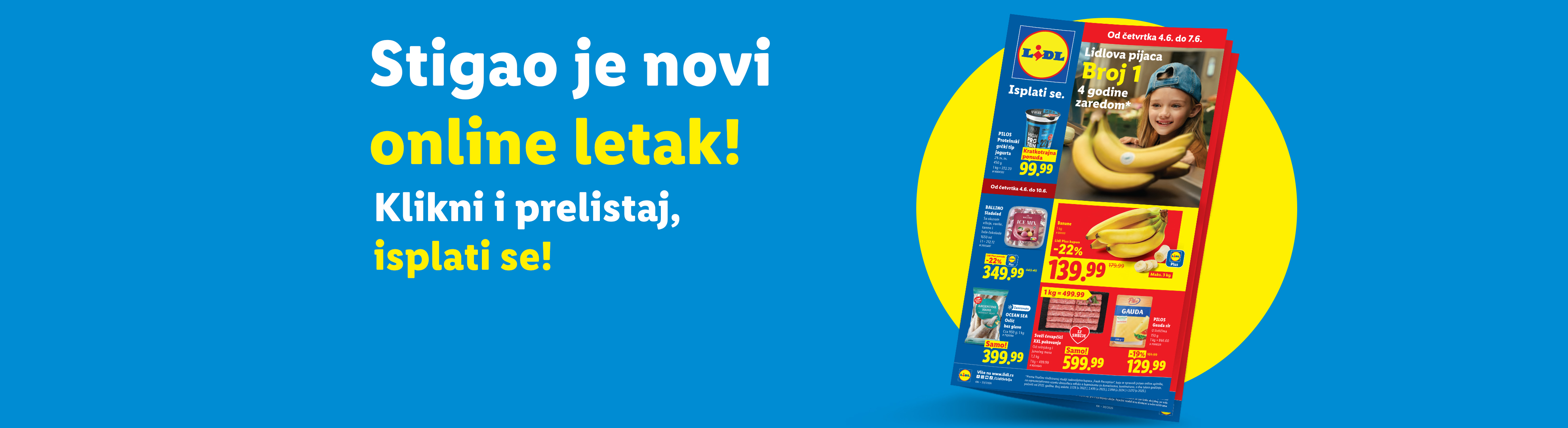 Lidl letak sa ponudama, uključujući banane, sladoled i sir, sa natpisom „Stigao je novi online letak!“