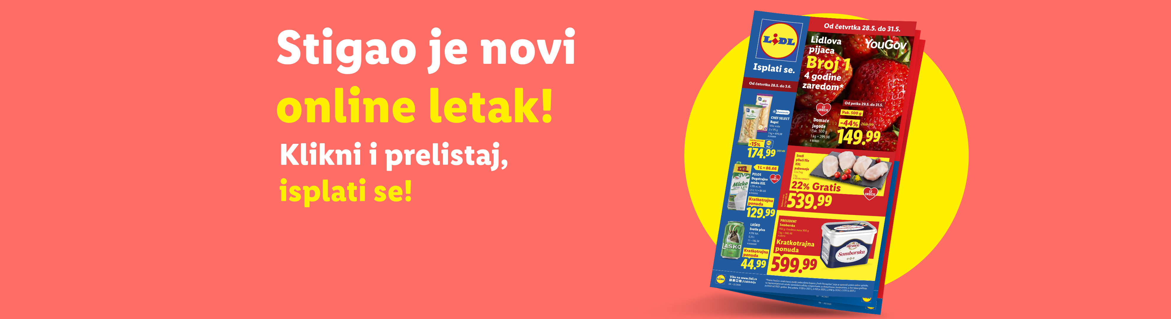 Lidl letak sa jagodama, piletinom i mlekom, sa natpisom „Stigao je novi online letak! Klikni i prelistaj, isplati se!“