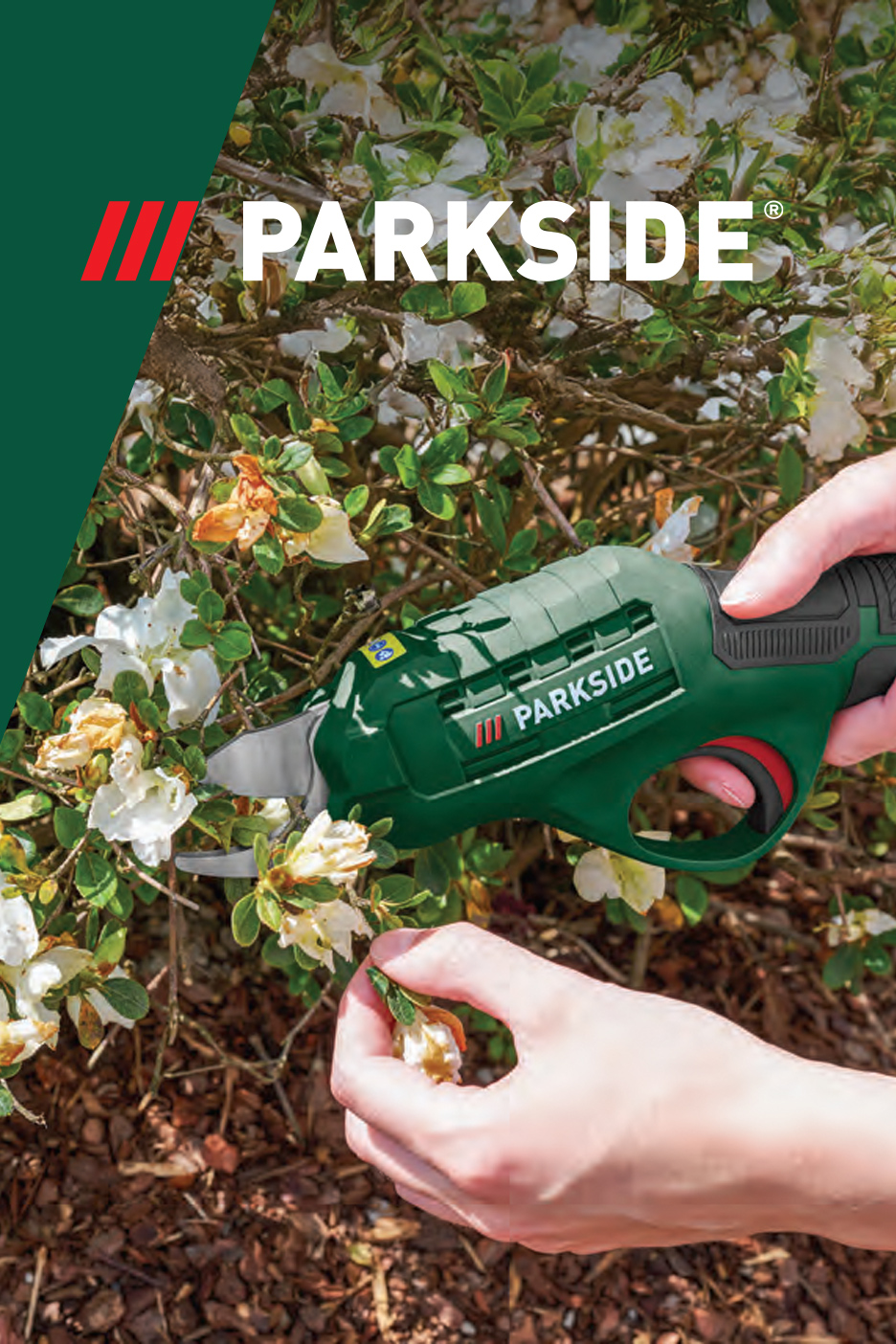 Osoba koristi zelene električne makaze za orezivanje belog cveća u bašti.