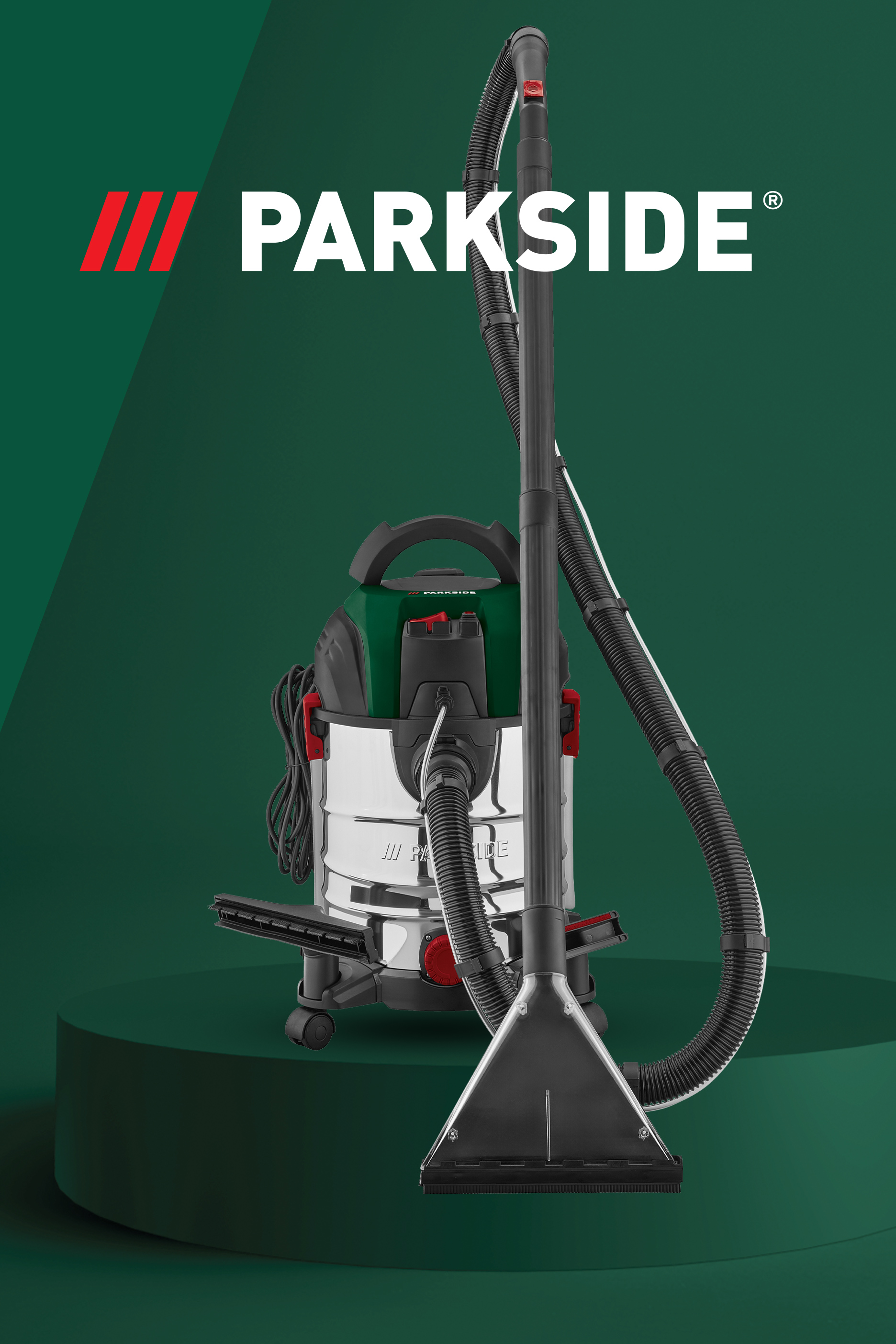 Usisivač za mokro i suvo čišćenje sa dodacima na tamnozelenoj pozadini sa natpisom.